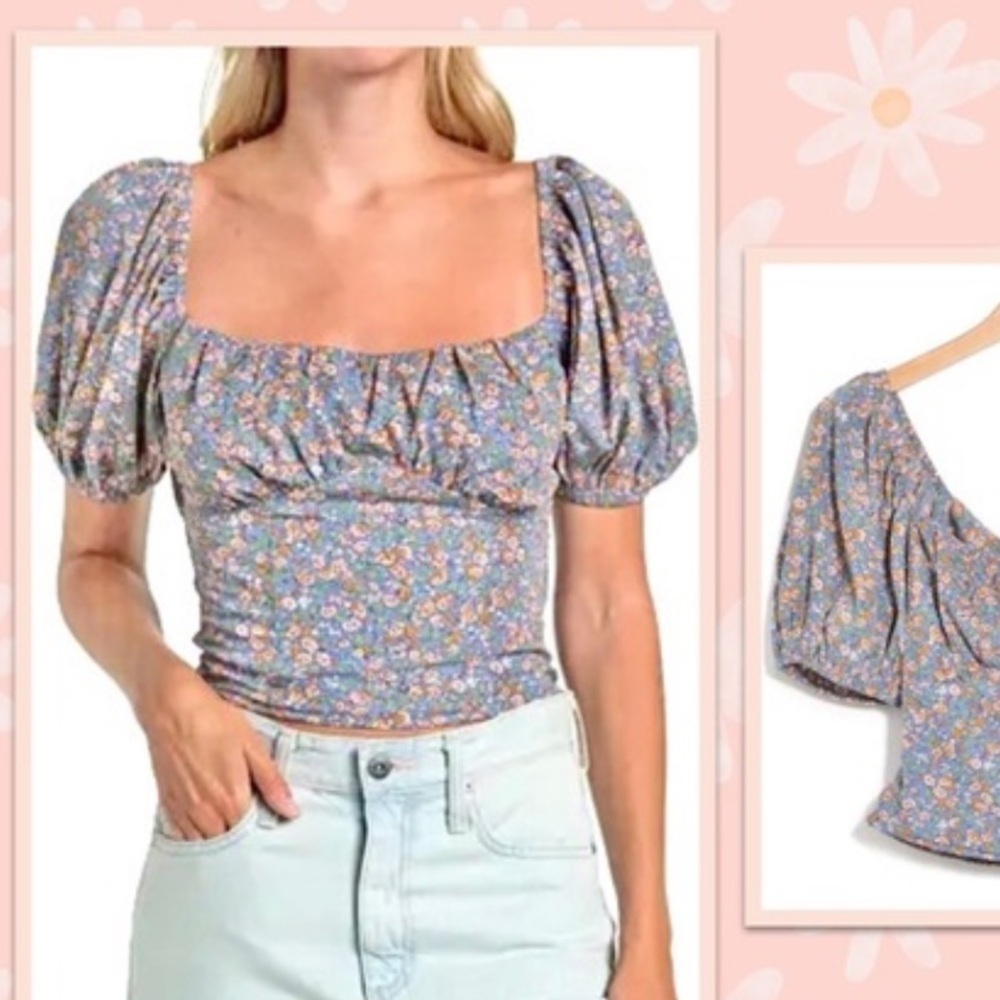 ASTR the Label Tie Back Bubble Sleeve Top in Blue Multi Ditsy Size Small